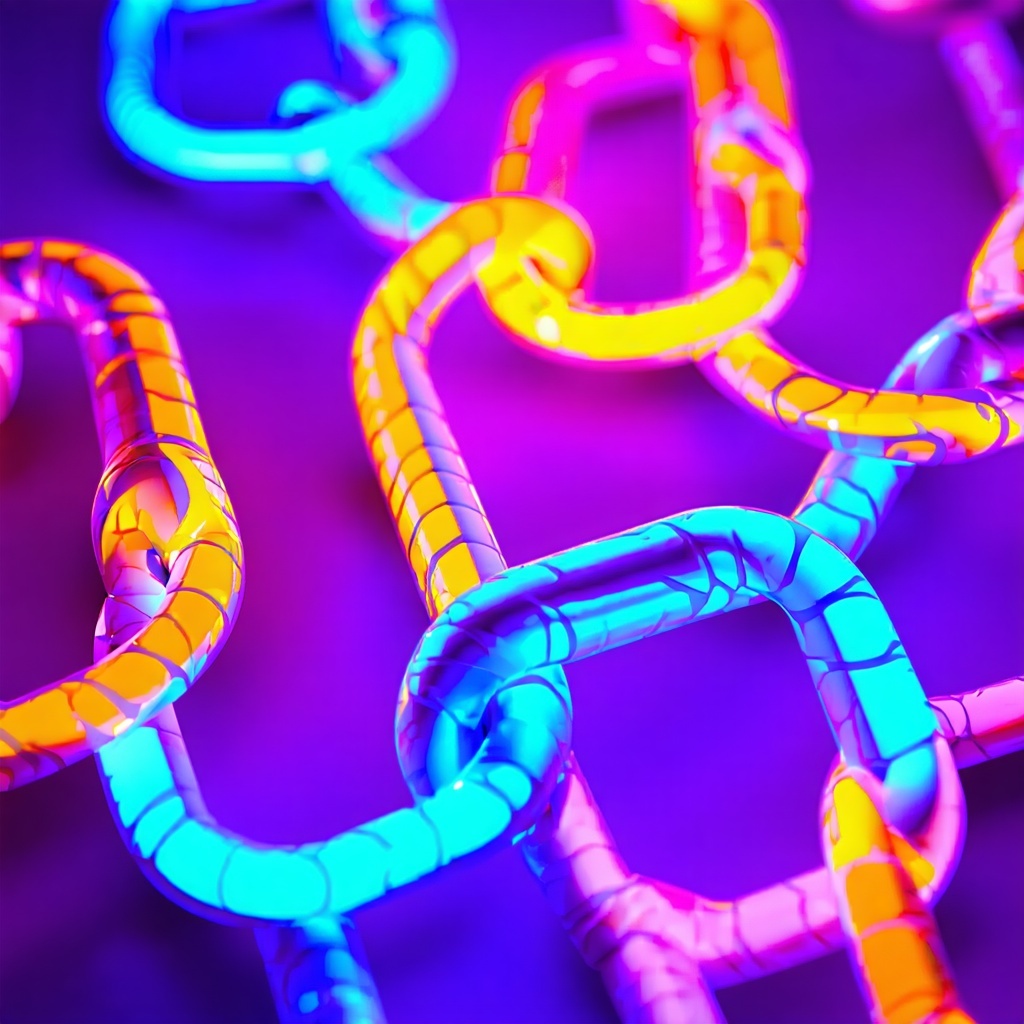 The design features a series of interlocking chain links each rendered in a stylized abstract form that emphasizes fluidity and movement The links are adorned with our brands signature colors creating a visually striking contrast that enhances the ov